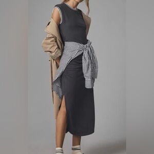 Daily Practice Anthropologie Stripe Trim Cinced Waist Slit Mid Dress Small